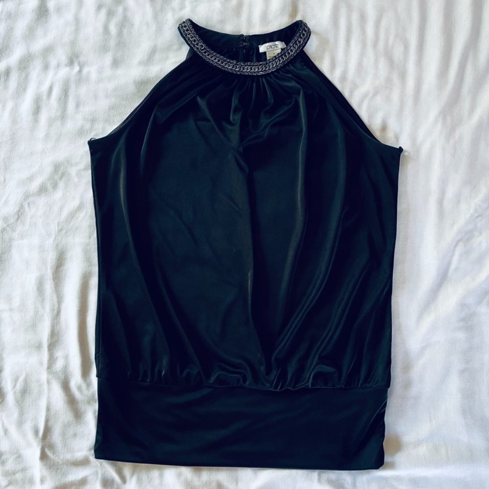 Caché Black Satin Sleeveless Shirt Embellished Collar Size M